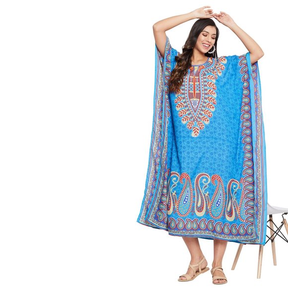 Women Plus Size Fit and Flare Paisley Printed Blue Kaftan Dress by Gypsie Blu - Picture 1 of 8